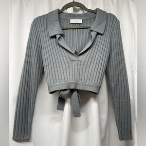 Elodie Gray Blue Ribbed Knit Tie-Back Cropped Sweater Size Small